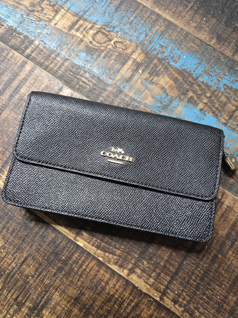 Coach Black Saffiano Leather Wallet Clutch with Gold Logo